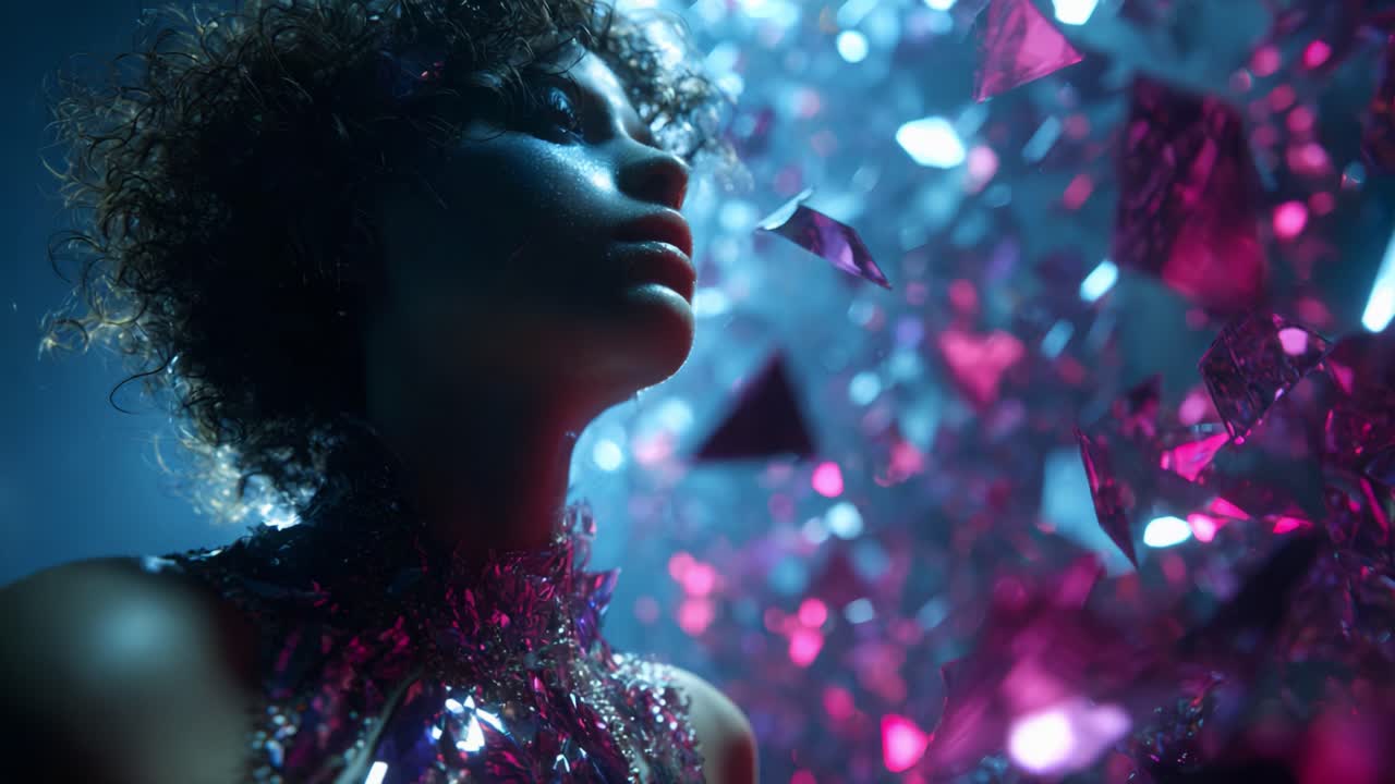 Un momento etereo catturato in uno straordinario contenuto visivo, con una donna immersa in una pioggia di frammenti scintillanti, che crea un'atmosfera incantevole piena di luce e colore.