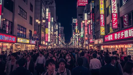 bustling tokyo street at night with neon lights and crowds