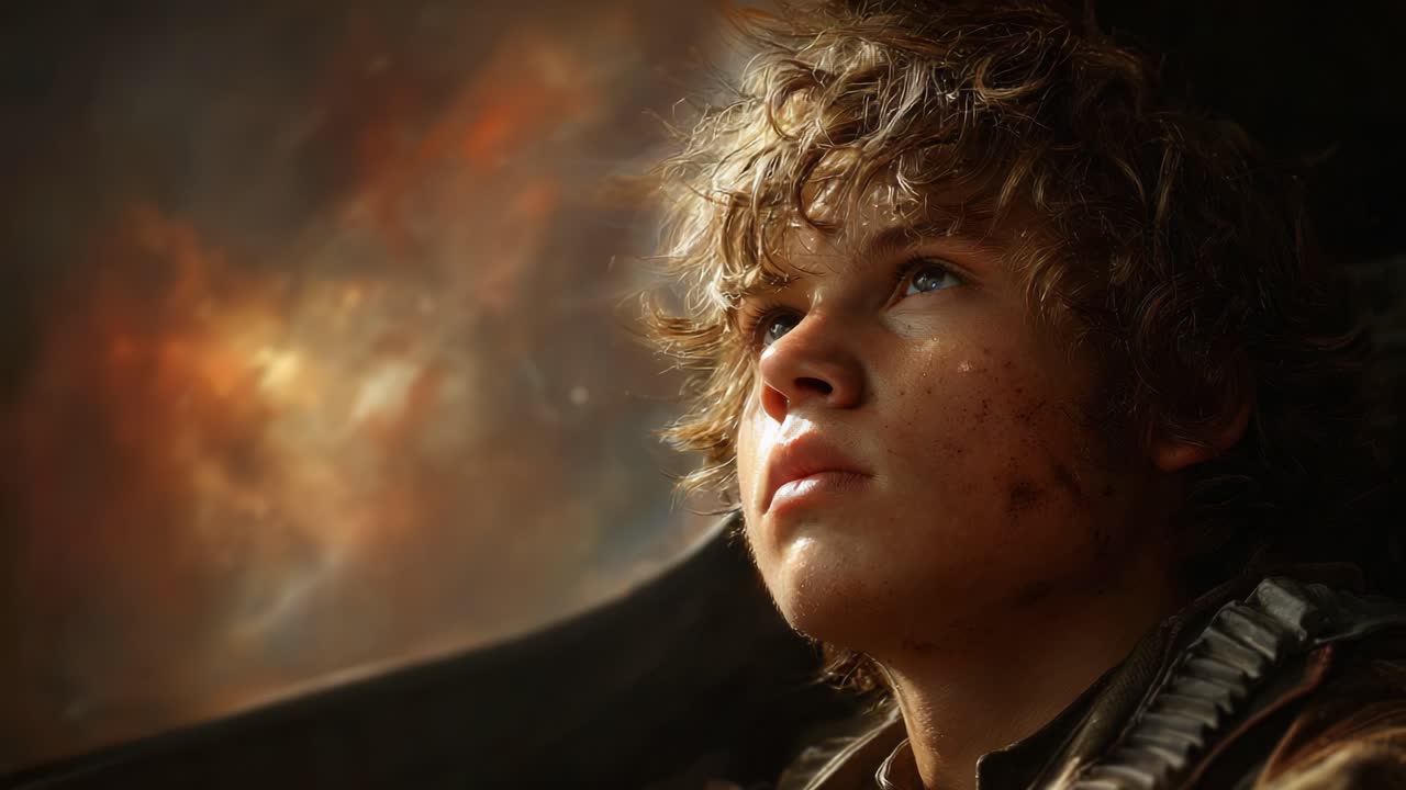 A Young Adventurer Gazes Towards the Stars in an Epic Sci-Fi Journey, Filled with Determination and Hope Amidst a Cosmic Background of Wonders and Challenges