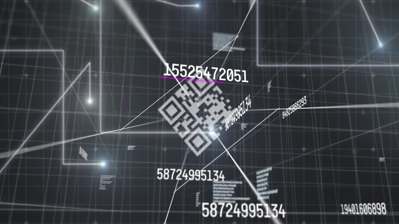 검은색 배경의 그리드 네트워크에 대한 qr 코드 스캐너를 통해 여러 번 변하는 번호