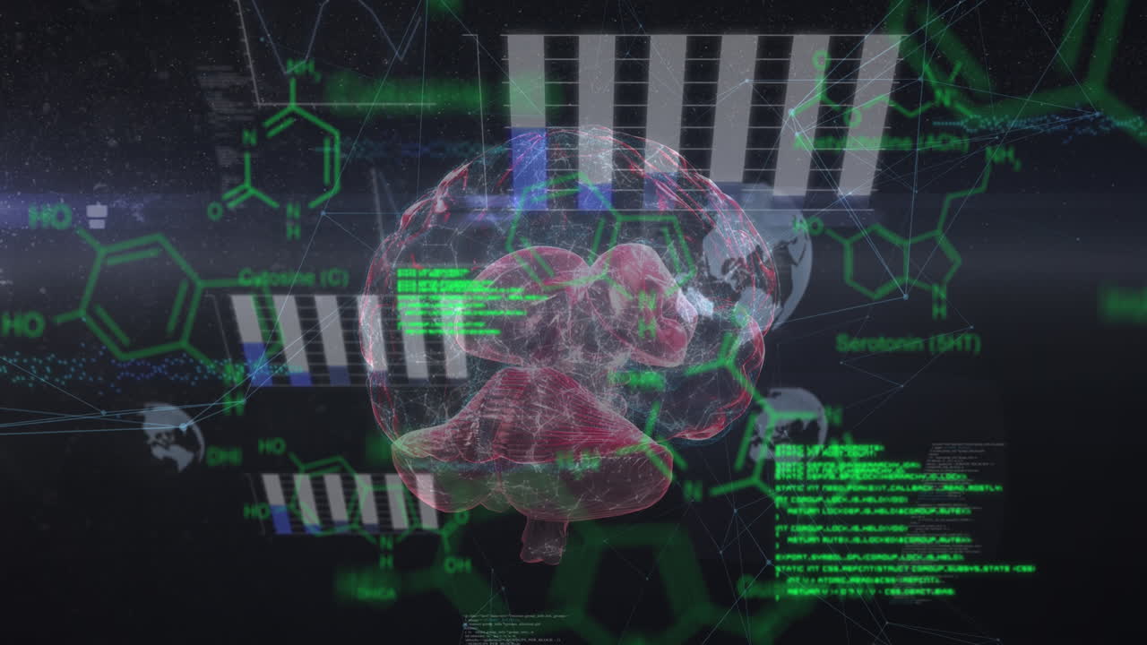 animación de fórmulas químicas y procesamiento de datos sobre un cerebro giratorio sobre un fondo negro