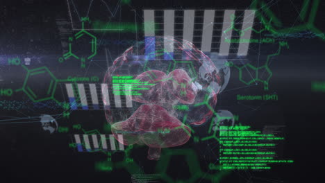 Animation of chemical formulas and data processing over rotating brain on black background