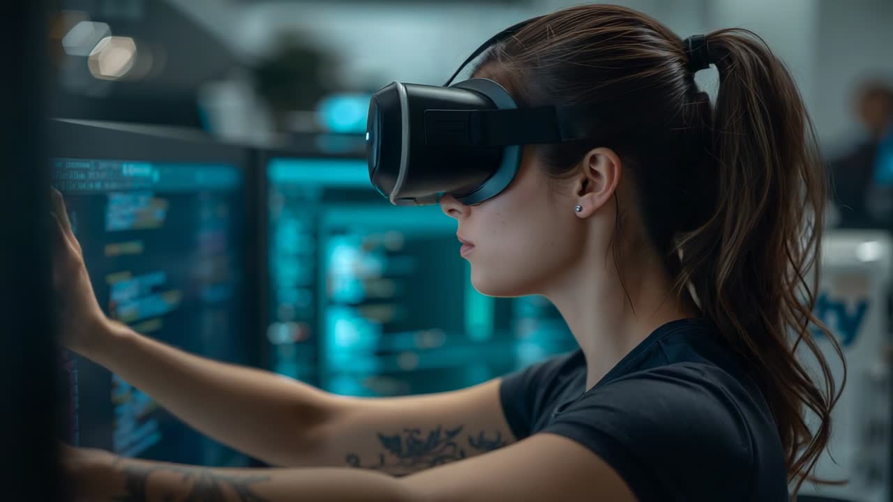 Som svar på UI-opdateringen ses en kvinde i mørk t-shirt med VR, der manipulerer skærme i et laboratorium og viser tatoveringer