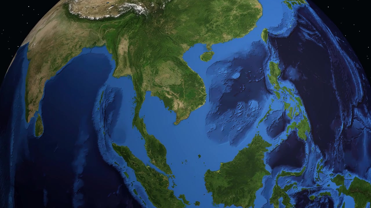 Digital globe rotates and zooms into Cambodia, highlighting Prey Veng with location data overlay