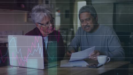financial data processing against african american senior couple calculating finances at home