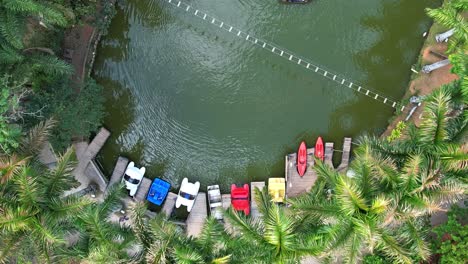 Aerial-panning-shot-of-a-beautiful-marina-full-of-colorful-boats-and-then-showing-the-surroundings-with-palm-trees-and-houses-and-buildings-structures