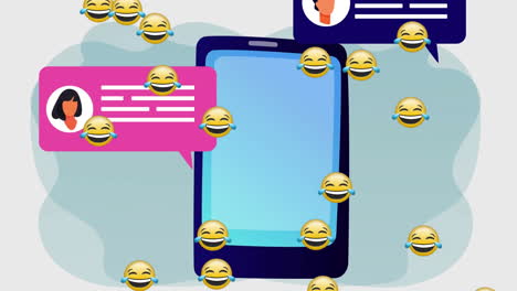 emoji de cara flotante y interfaz digital contra el teléfono inteligente contra un fondo gris