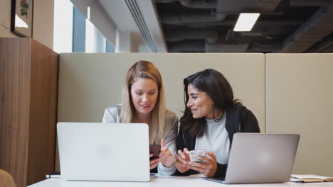 dos jóvenes mujeres de negocios trabajando una al lado de la otra en un espacio de trabajo moderno de plan abierto revisando teléfonos móviles