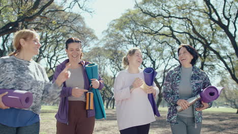 four women enjoying a yoga walk in the park