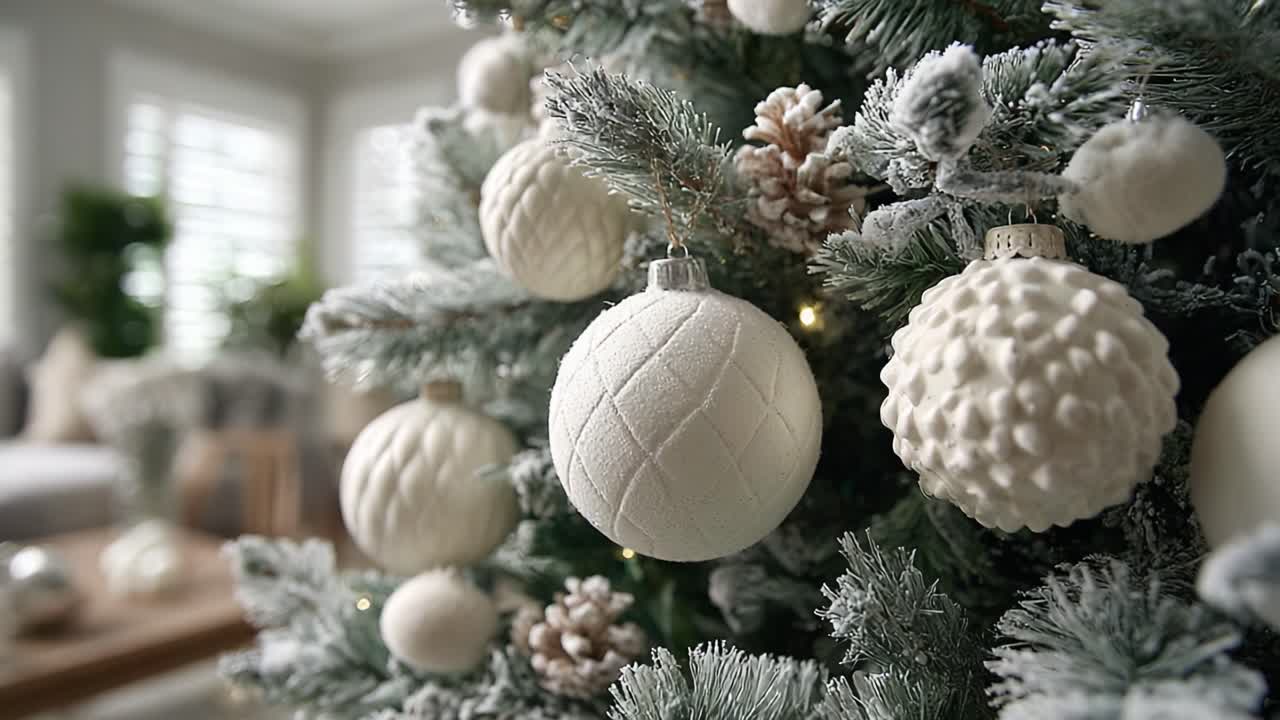 Ein wunderschön geschmückter Weihnachtsbaum mit elegantem weißen Schmuck und bereiften Kiefernnadeln, der eine gemütliche und festliche Atmosphäre für die Weihnachtszeit schafft