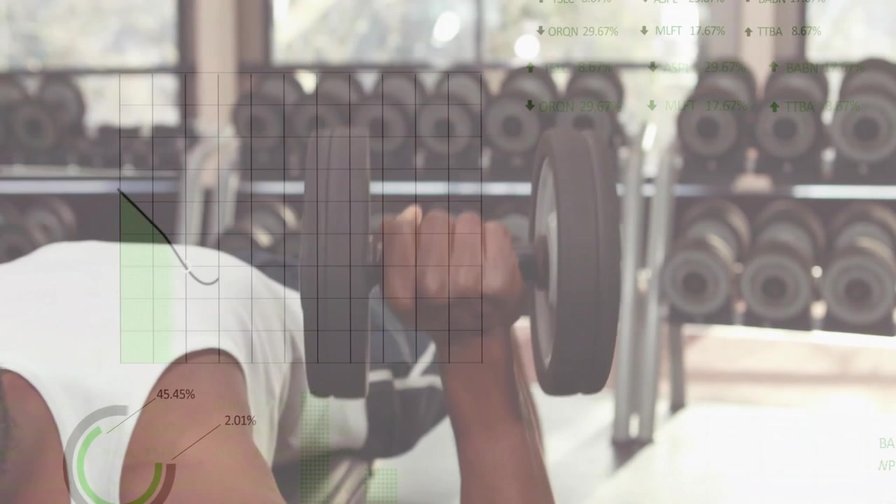 Male athlete lifting dumbbells and doing bench chest presses while tracking fitness metrics overlay