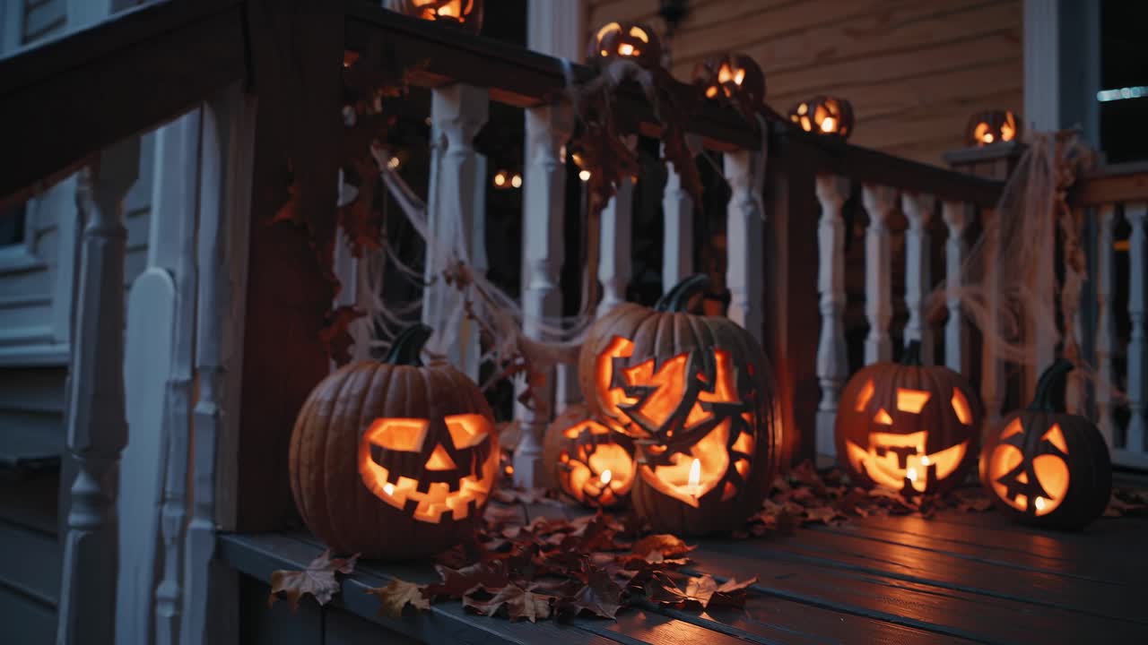 Low-angle video shot of carved pumpkins with glowing faces on a porch, surrounded by autumn leaves