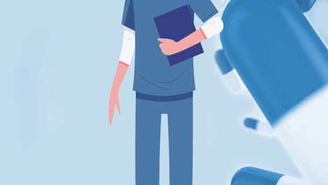 파란색 배경의 알약 위에 얼굴 마스크 아이콘을 착용한 의사의 애니메이션