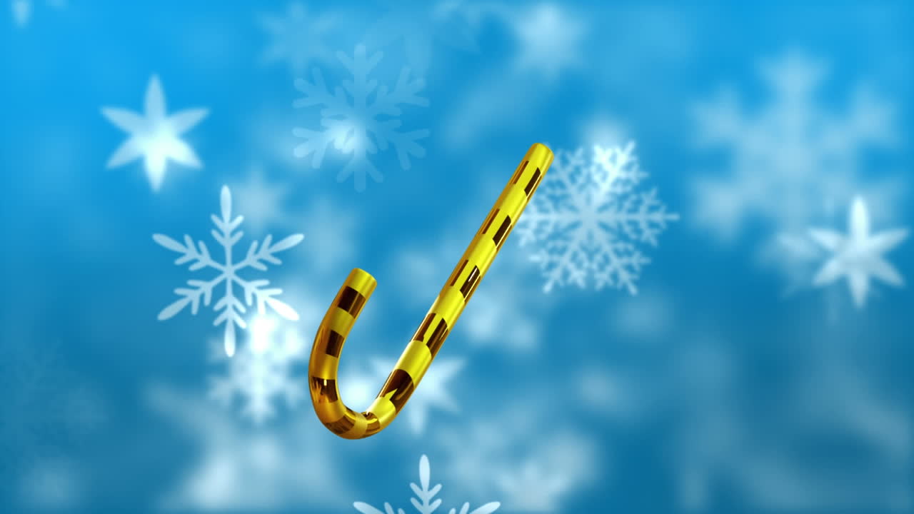 Animazione di bastoncino di zucchero natalizio dorato e fiocchi di neve che cadono su sfondo blu.