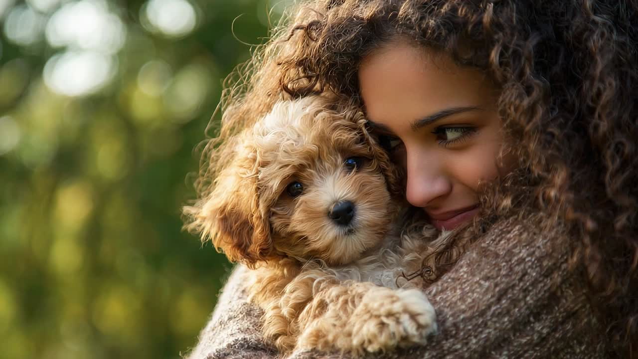 Young woman cuddles a cute puppy in a sunny outdoor setting