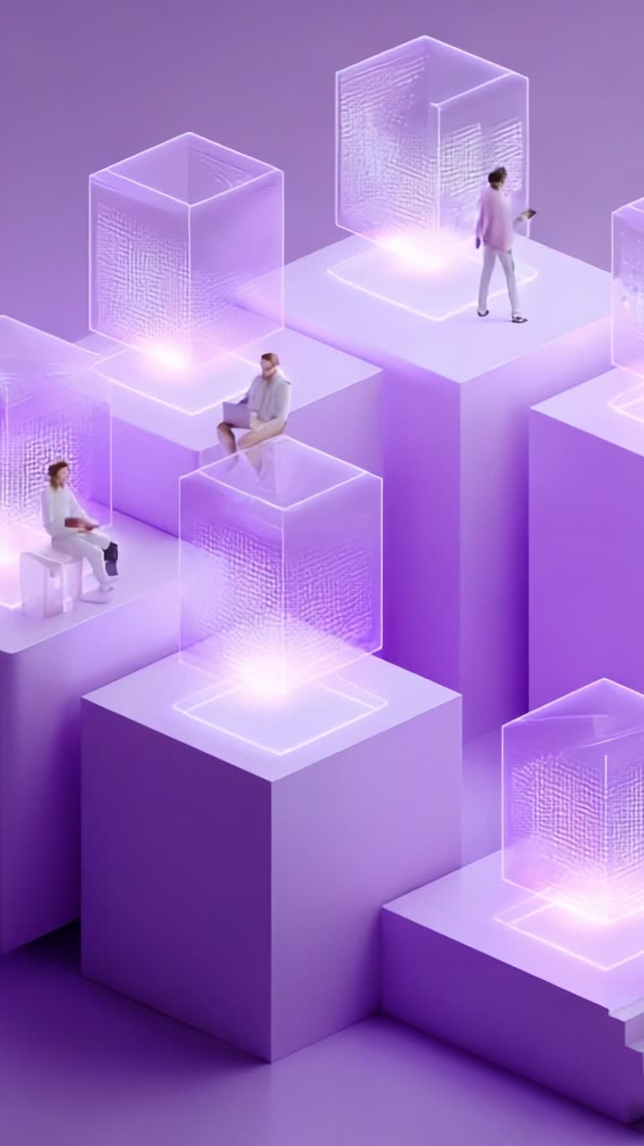 Exploring Digital Realities: Individuals Interact with Futuristic Cubes in a Vibrant Purple Environment of Abstract Technology and Innovation Visualizations