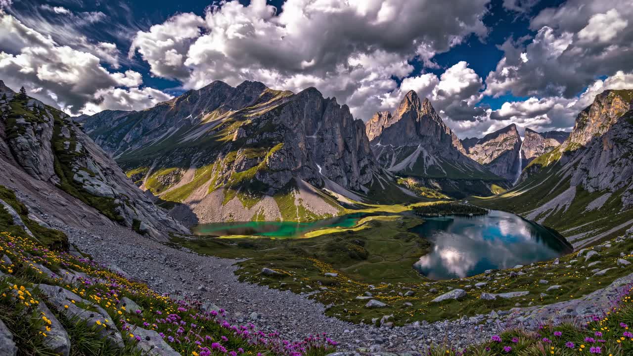 Video grandangolare che cattura un paesaggio montano mozzafiato con un lago sereno e fiori vivaci