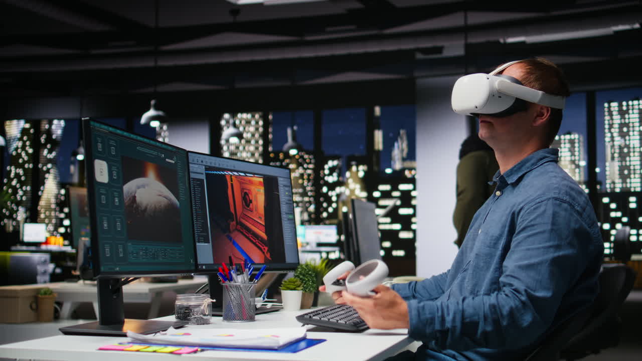 Male game developer using VR glasses and AI tech to design a spaceship