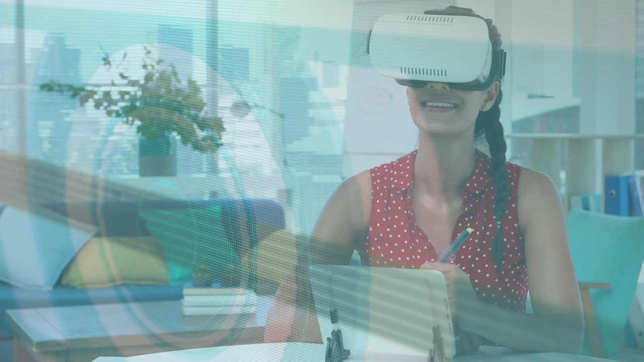 Animation af scopeskanning og databehandling over en kvinde iført VR-headset