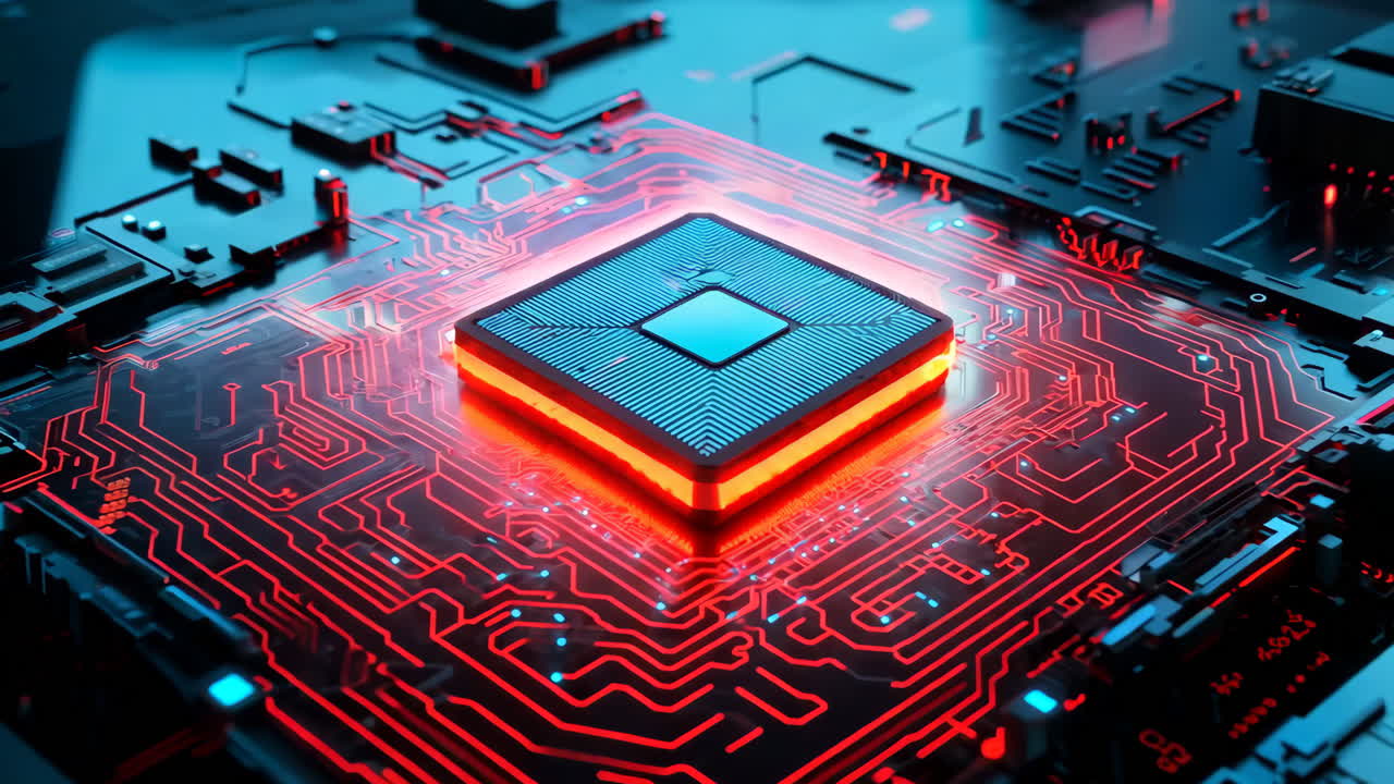 A computer chip is shown in a blue and red color scheme. The chip is surrounded by a cityscape, with buildings and other electronic components