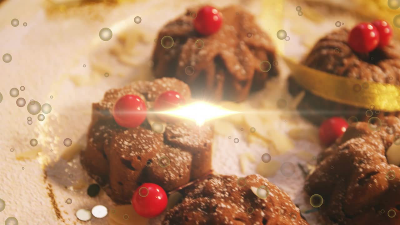 Light flare guiding rightward panning, showcasing desserts with red berries, gold bell on plate