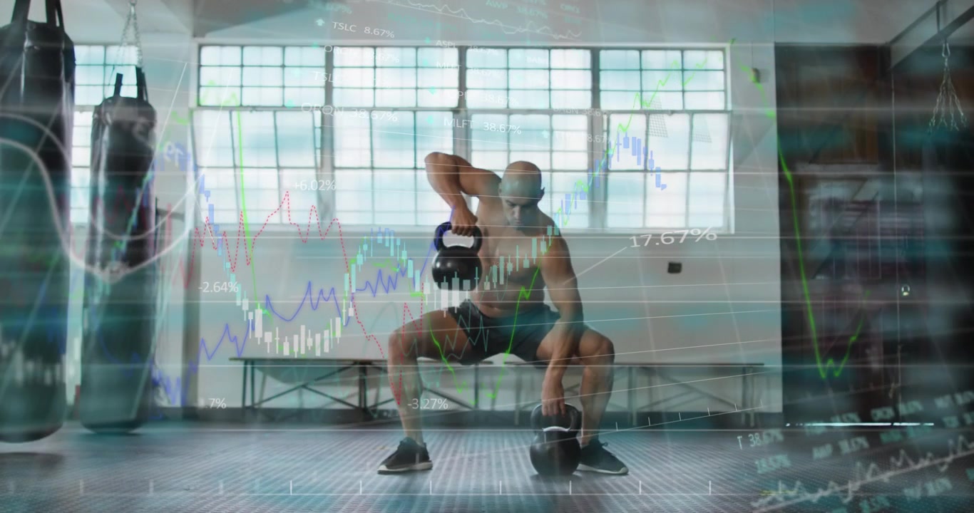 Uomo che esegue sollevamenti a un braccio da uno squat profondo, con grafici animati sopra di lui per il monitoraggio del fitness.