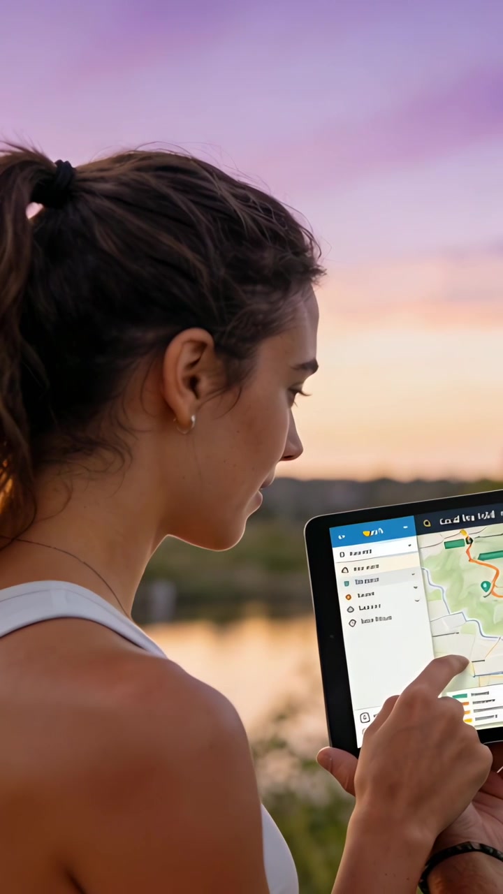 Video verticale: Donna in canotta che guarda il tramonto, controllando il percorso su una mappa sul tablet al lago.