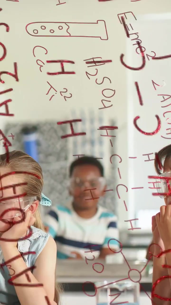 Vertical video: Pupils reacting to lab demo, fixing goggles observing reaction through red formulas
