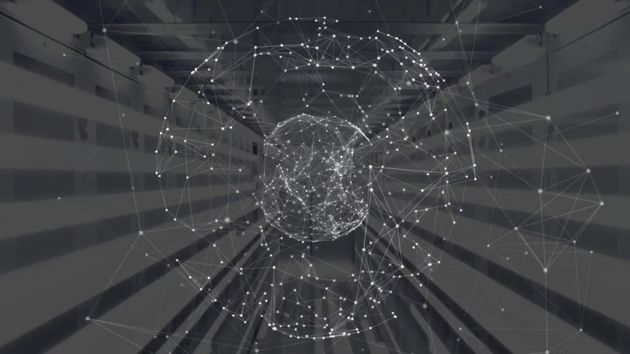 Point-cloud sphere receiving data pulse, tightening into torus shell, pulsing, showing tech network