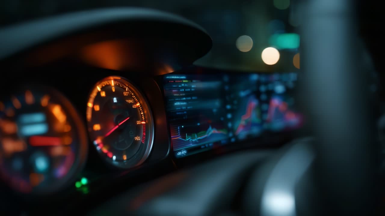 A close-up view of a modern car dashboard showcasing glowing gauges and digital displays, highlighting speed, performance metrics, and ambient lighting in motion