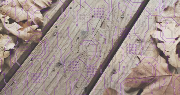 On start purple circuit-board overlay appearing over motionless planks being flanked by oak leaves