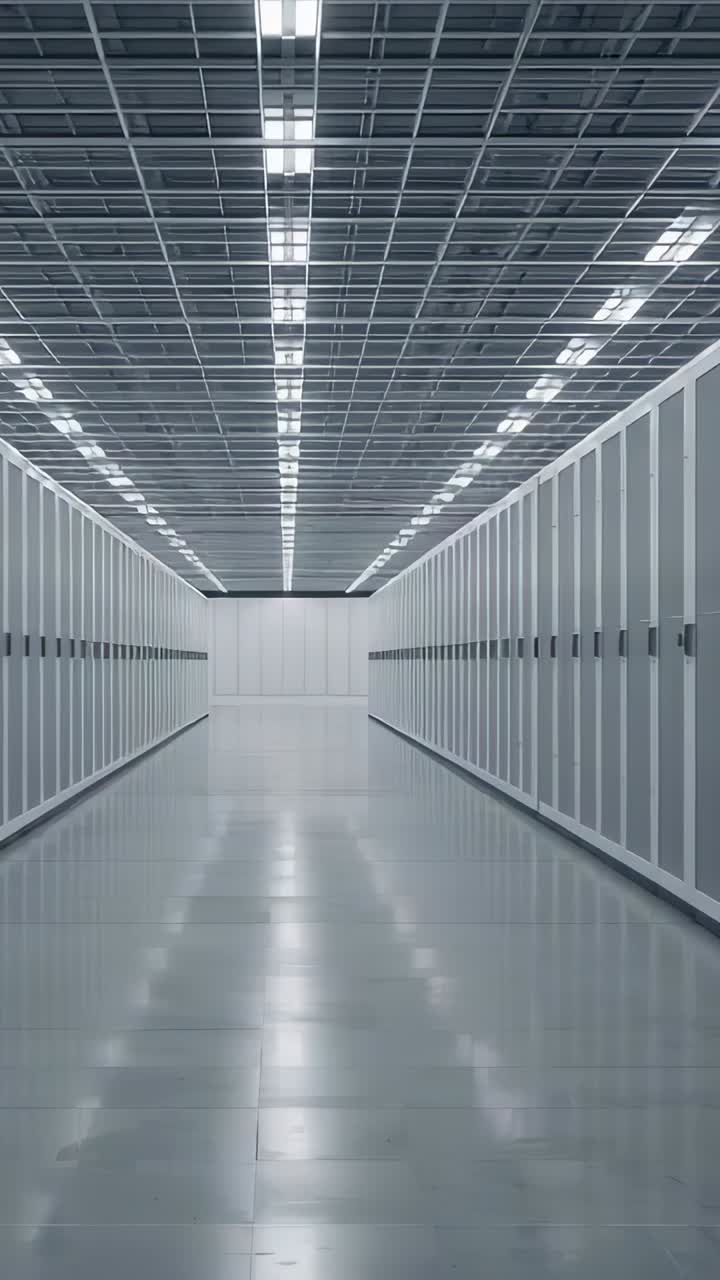 Video verticale: Avvio della telecamera, che centra il corridoio in un capannone e riprende scaffali bianchi e LED per un controllo.