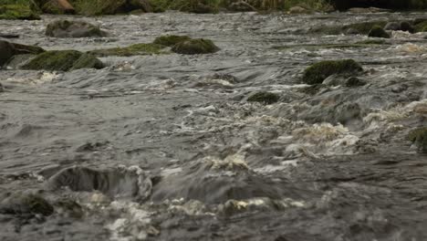 slow low panning shot of a fast-flowing scottish stream with rocks