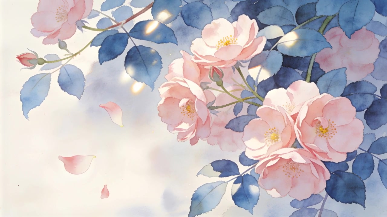 揺れる青葉のバラの房がピンクの花びらを散らし、クリーム色の紙の上を左に漂い、金色の斑点がきらめく。