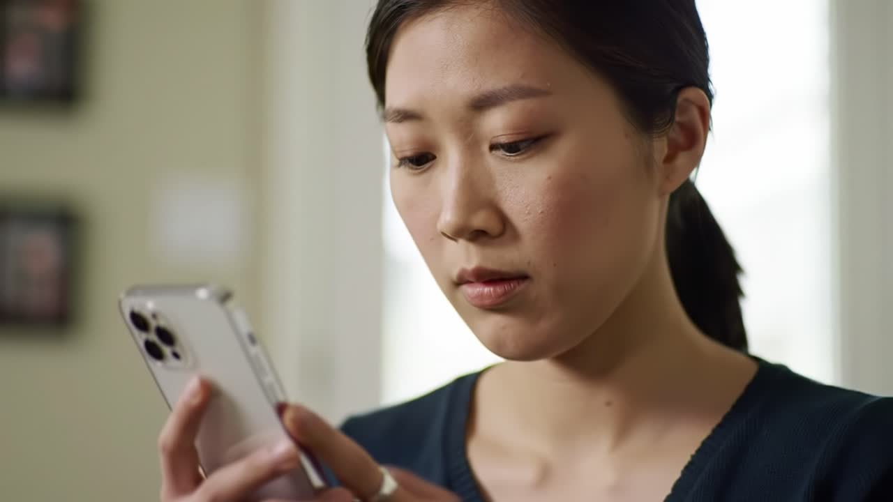 A woman sits comfortably indoors, intently engaged with her smartphone. The bright room features soft lighting and a relaxed atmosphere, highlighting her concentration.