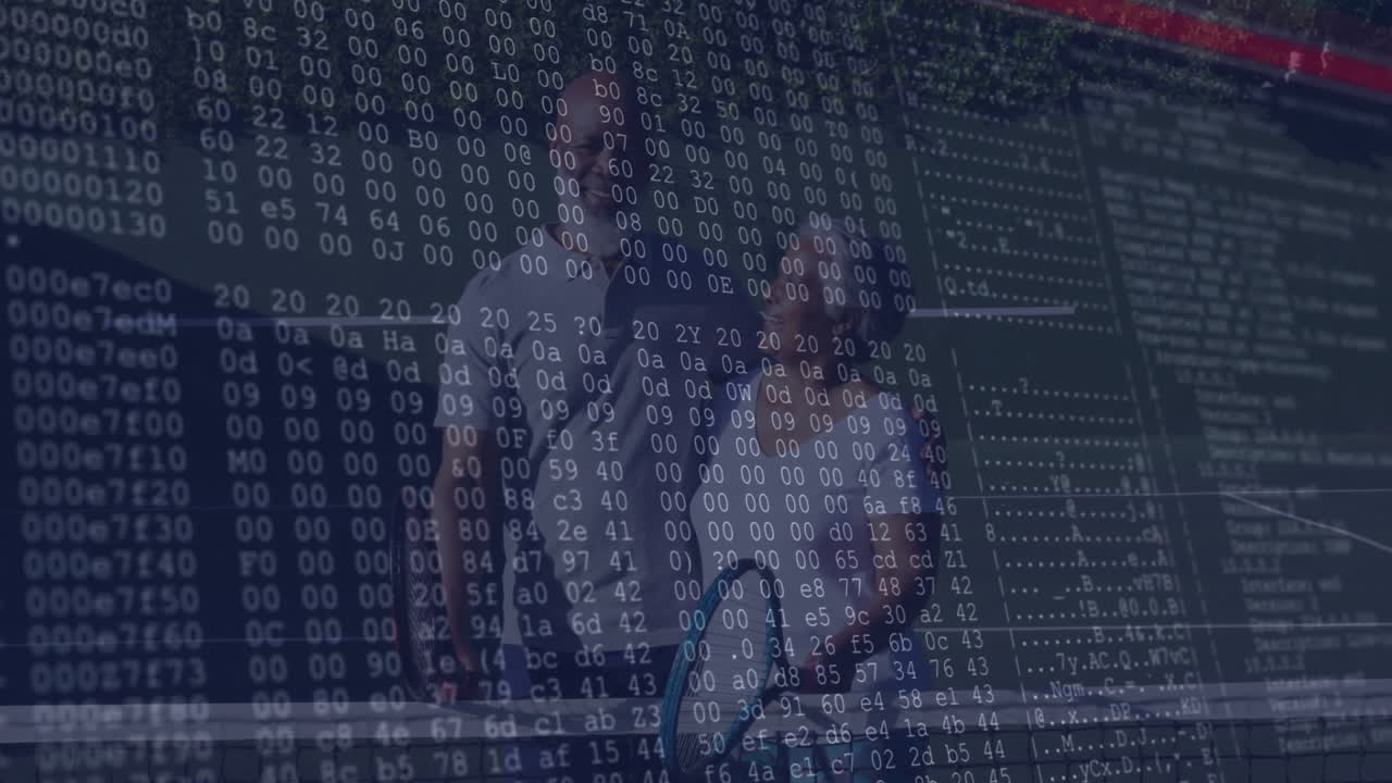 coworkers analyzing floating binary and hex code streams in tech control room, glowing data panels