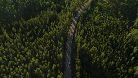 Aerial-view,-drone-tilting-down,-car-driving-on-small-road-in-the-woods,-soft-right-turn