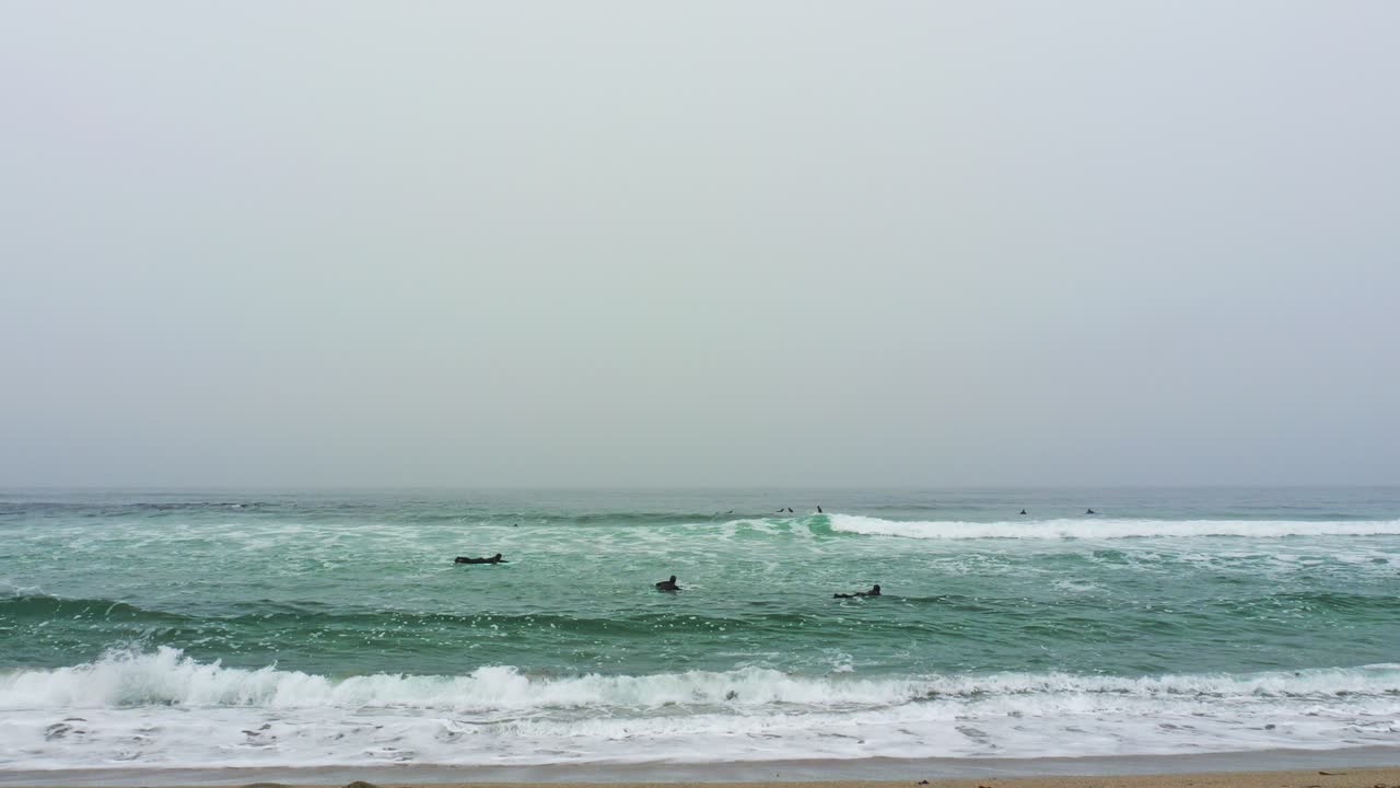 초보자 들 은 추운 눈 인 날 에 서핑 을 연습 한다