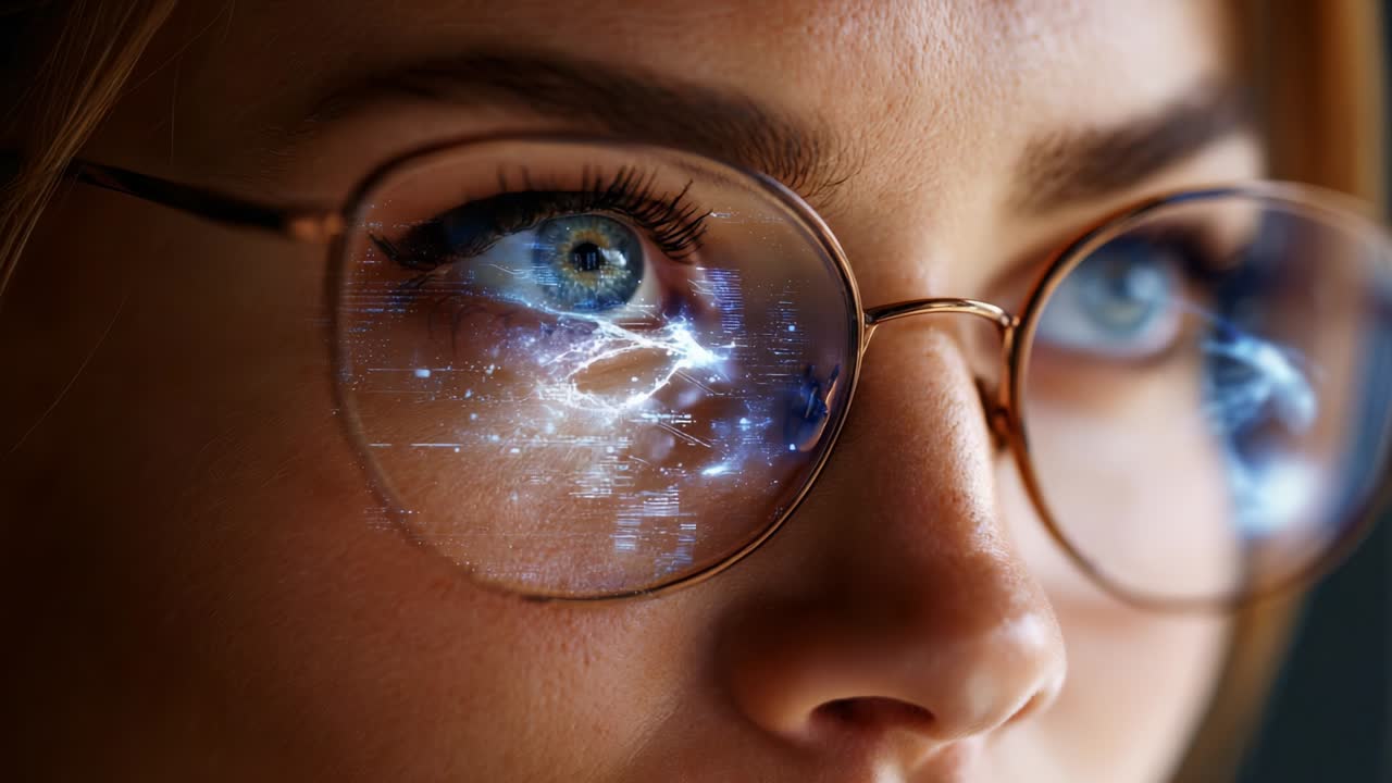 A close-up shot showcasing a person with glasses, where their eyes reflect vibrant digital graphics, symbolizing technology, vision, and the fusion of human perception with the digital universe in a captivating moment