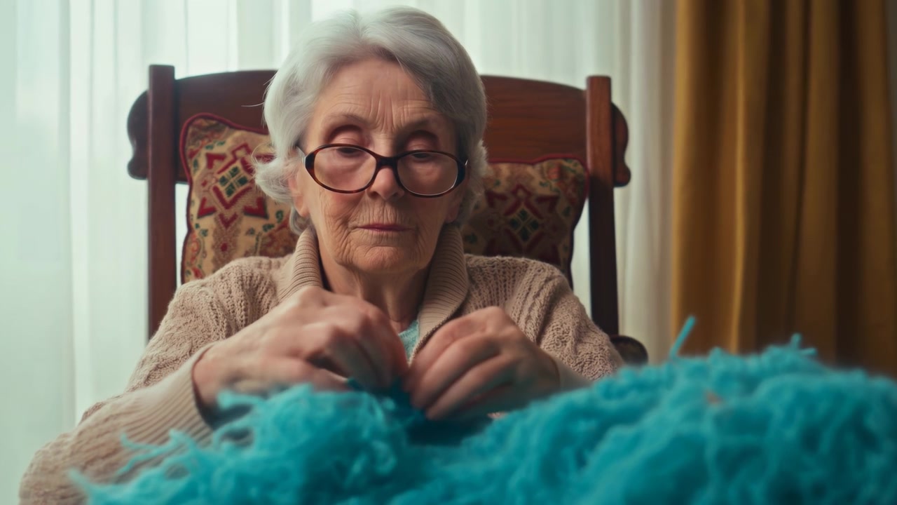 Eine Seniorin mit weißem Haar sitzt auf einem Holzstuhl und strickt dicke, türkisfarbene Wolle. In einer warmen, gemütlichen Wohnatmosphäre passt sie kurz ihre Brille an, während sie sich auf ihre Handarbeit konzentriert.