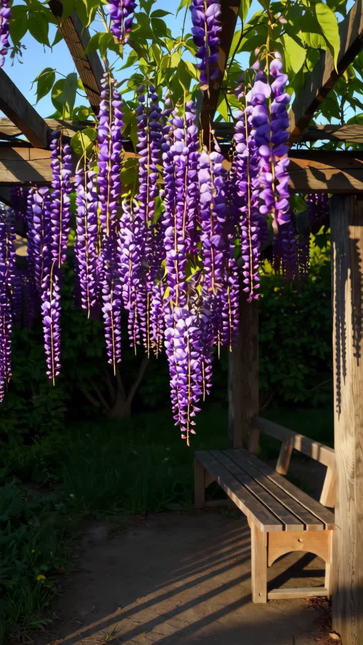 Wisteria Covered Pergola with Wooden Bench