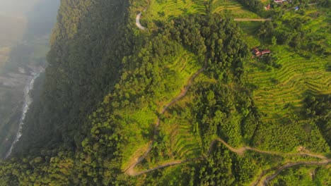 panoramic aerial overview of terraced field with winding dirt road and meandering river at valley base