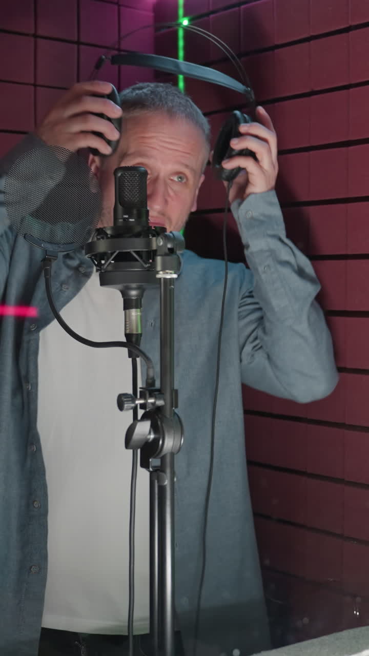 un hombre con una camisa azul y una camisa interior blanca entra en una habitación a prueba de sonido roja, se acerca a un micrófono y toma un par de auriculares mientras se prepara para usarlos, preparándose para una sesión de grabación