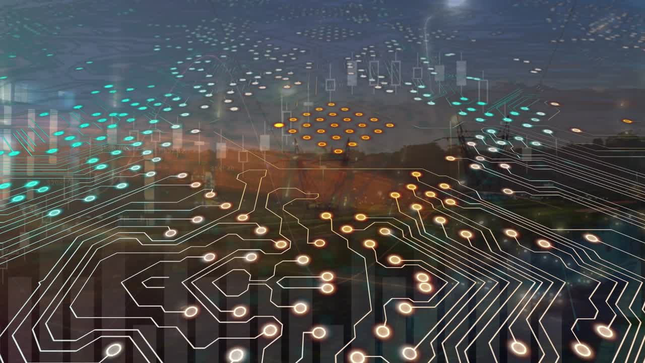 Animation of data processing over cityscape