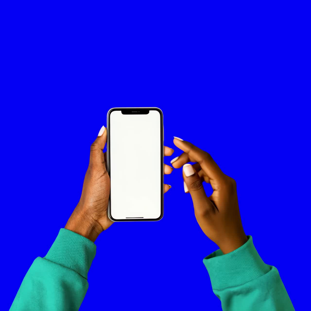 Hands holding smartphone screen animation, transparent 4K video, green screen