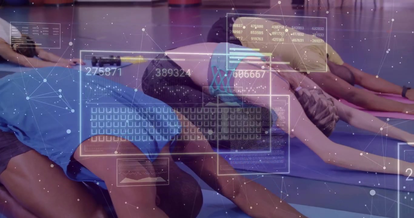 Man kneeling sliding into stretch after instructor cue, yoga overlay HUD panels showing metrics