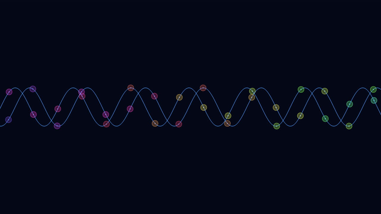 Futuristic animation of oscillating sine waves with glowing multicolor nodes on a dark background, ideal for technology, data, science, and digital motion design