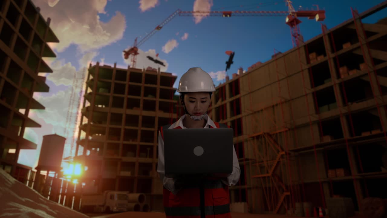 ingeniera asiática con casco de seguridad trabajando en una computadora portátil y mirando a su alrededor mientras está de pie en el sitio de construcción, durante la puesta o el amanecer
