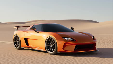 orange sports car on sand dunes in the desert