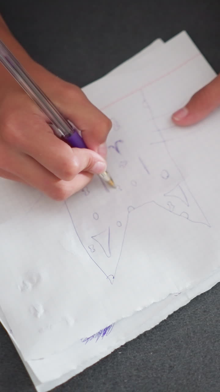 Vista desde arriba de una persona sentada en un sofá dibujando formas creativas con un bolígrafo sobre papel, mostrando el movimiento y el detalle de la mano mientras trabaja en el dibujo en un ambiente hogareño relajado